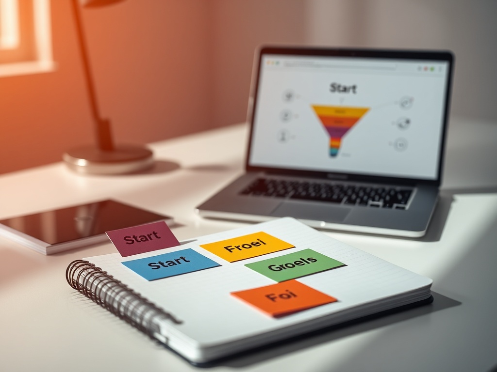 "A sleek, modern desk scene in a bright studio, a notebook with three colored cards labeled Start, Focus, Groei & Focus, a laptop displaying a funnel diagram, hands arranging cards, soft shadows, warm tones."