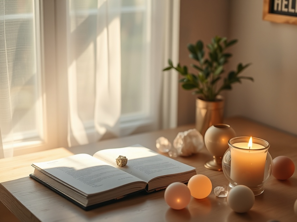 "A serene, sunlit workspace with a glowing journal, crystals, and a candle, surrounded by soft, pastel orbs representing focus, intention, and transformation."
