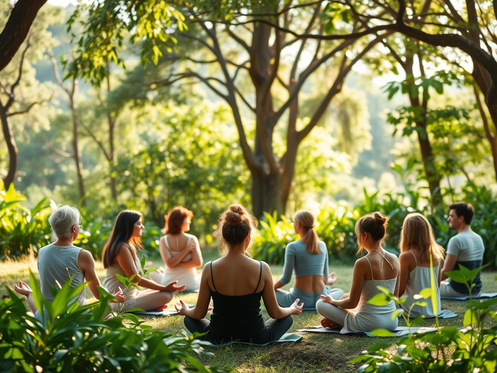 Een groep mensen die mediteert in de natuur.