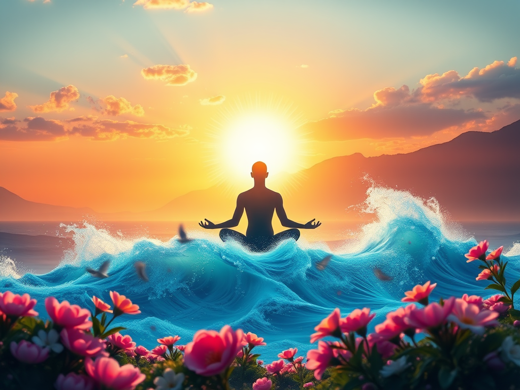 Een serene zonsopgang met een mediterende figuur in de natuur.