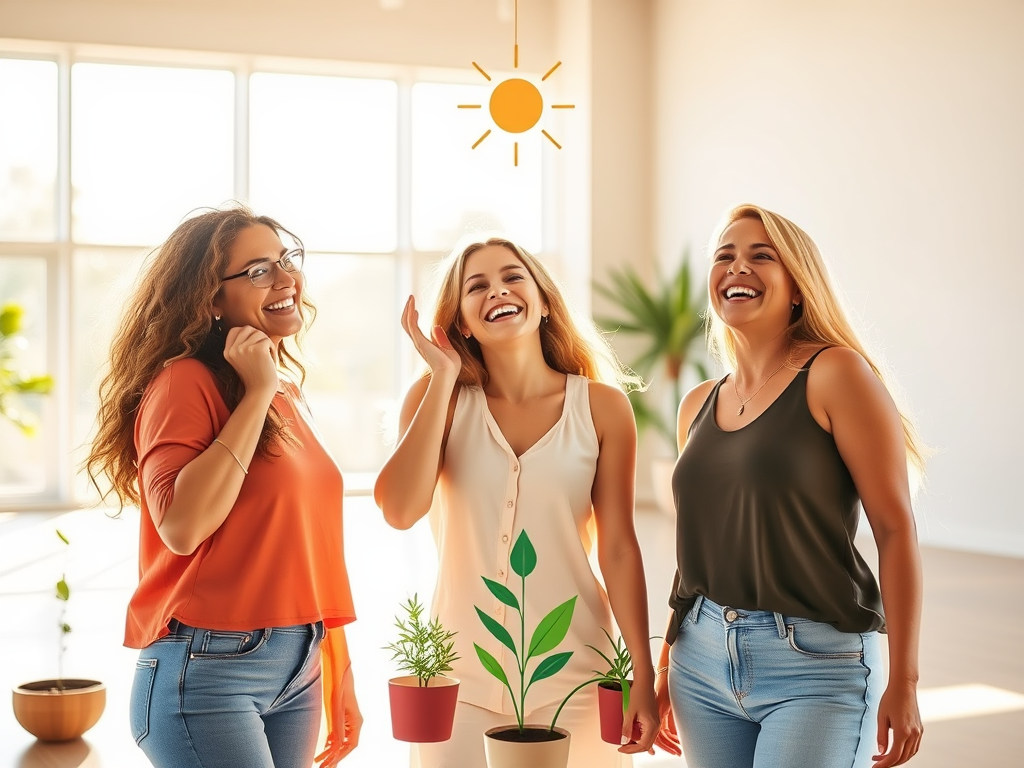"three vibrant women" "radiating confidence and joy" "interacting in a sunlit open space" "symbols of growth and connection around them" "warm colors with soft natural light"