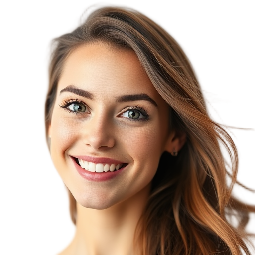 A smiling woman with natural makeup, soft lighting, white background, warm expression, confident eyes, and loose flowing hair.