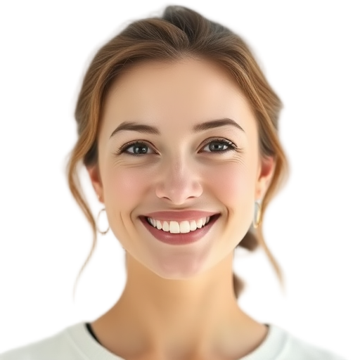 A woman smiling confidently with soft natural light, white background, gentle expression, warm eyes, relaxed hairstyle, radiating empowerment and calm.