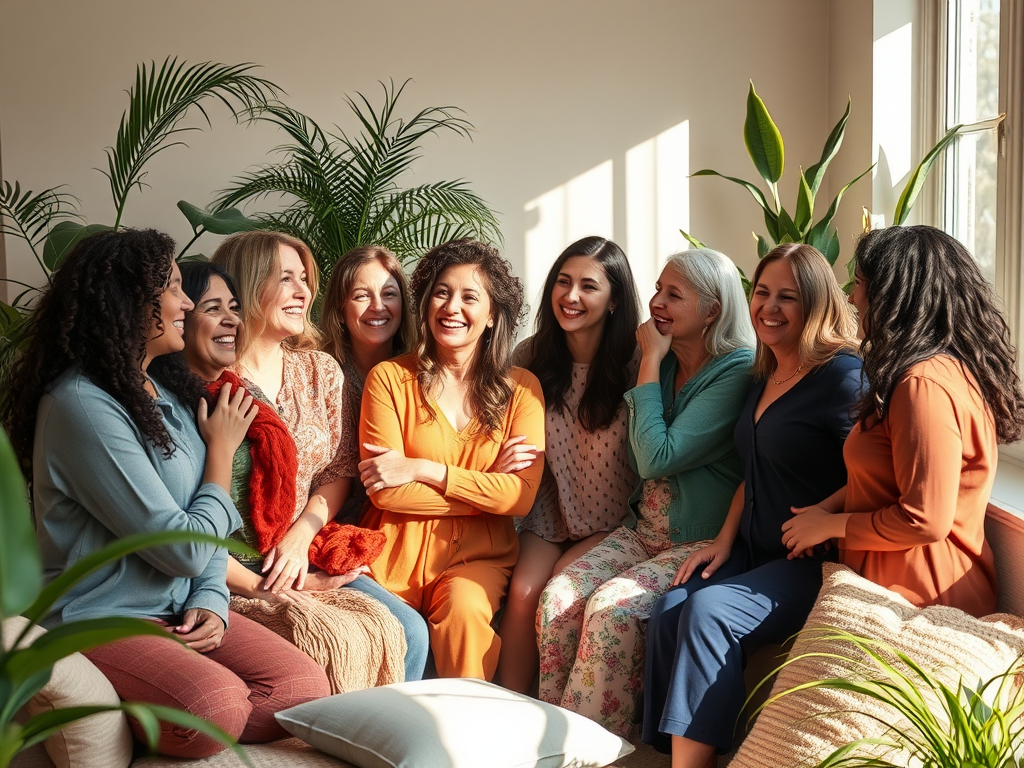 A diverse group of women gathered in a sunlit room, embracing, smiling warmly, surrounded by soft cushions, plants, and gentle natural light.