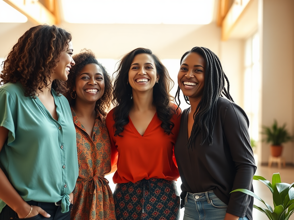 "three vibrant women" "radiating confidence and joy" "interacting in a sunlit open space" "symbols of growth and connection around them" "warm colors with soft natural light"