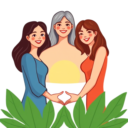 "group women" "open hands" "sunrise sky" "green leaves" "smiling faces" "circle unity"
