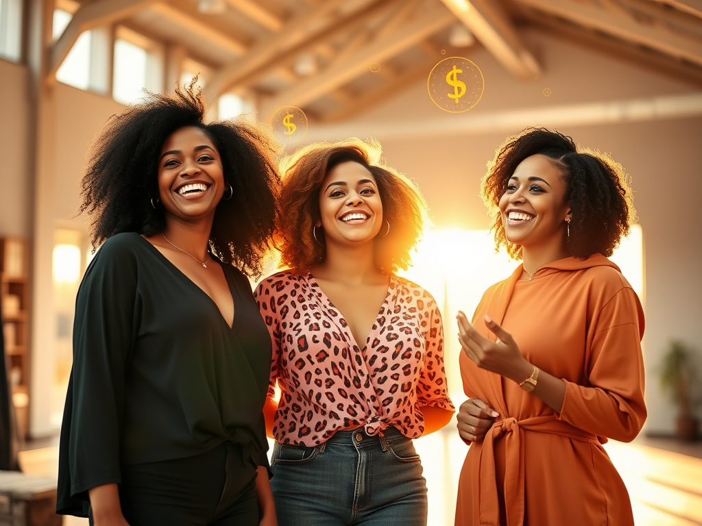 "three vibrant women" "radiating confidence and joy" "interacting in a sunlit open space" "symbols of growth and connection around them" "warm colors with soft natural light"