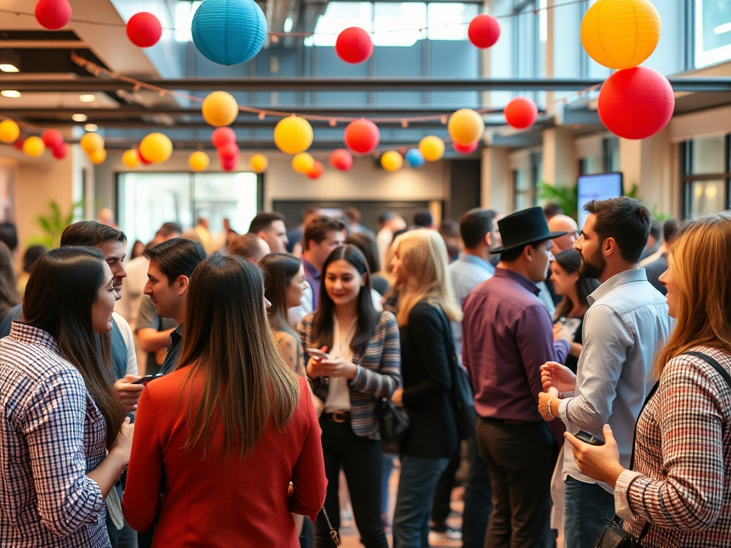 Een levendig netwerkevenement met diverse ondernemers en kleurrijke decoraties.
