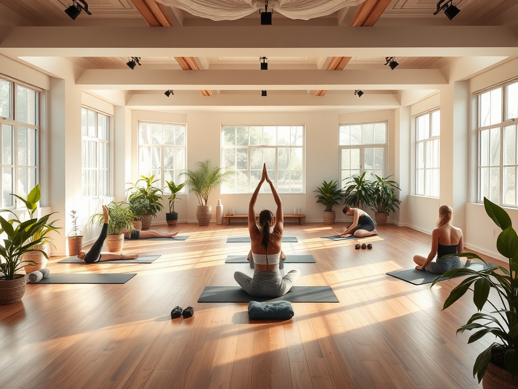 Een serene yogastudio met planten en beoefenaars.