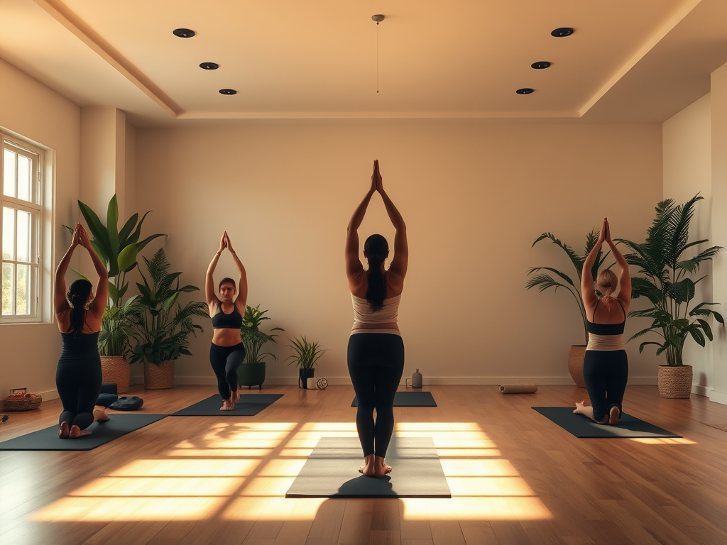 Een serene yogastudio met praktiserenden in verschillende houdingen.