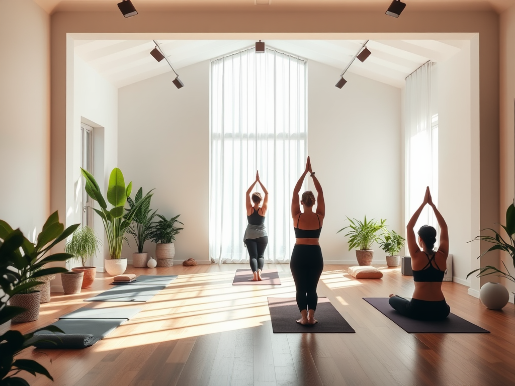 Een serene yogastudio met praktiserende deelnemers en planten.
