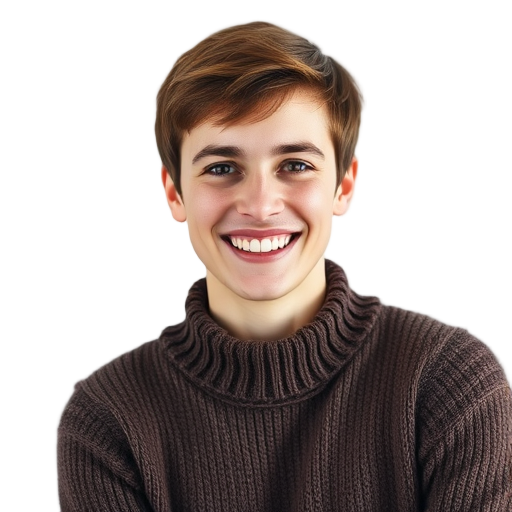 Een lachende persoon voor een witte achtergrond.