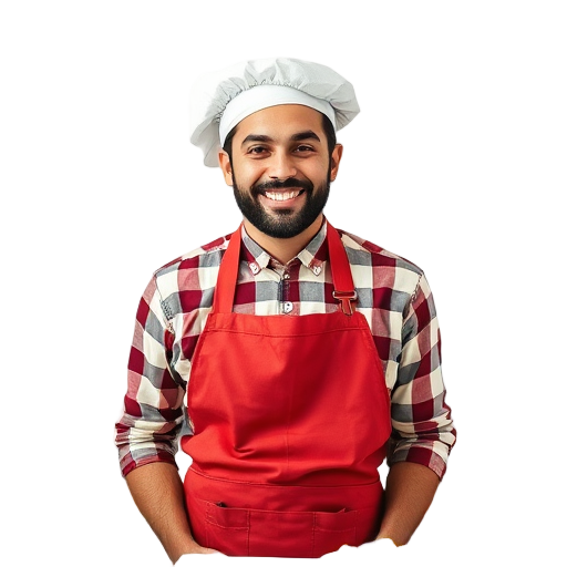 Een lachende persoon in een schort met witte achtergrond.