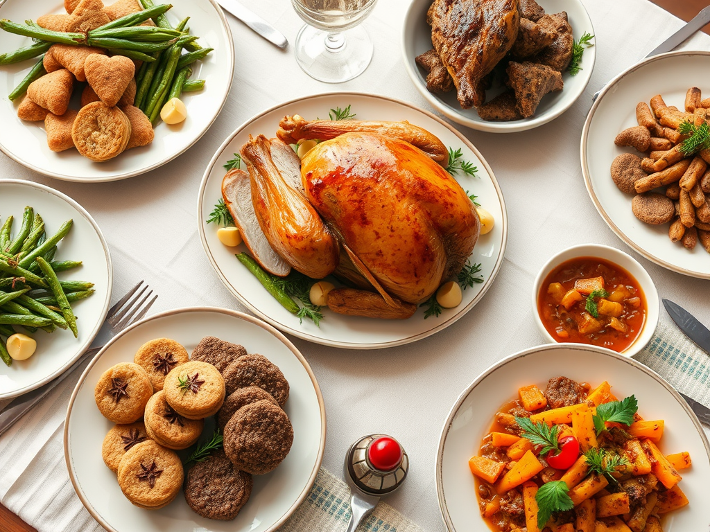 Een feestelijke tafel met gezonde traditionele gerechten.