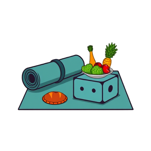 Yoga mat met blok en gezond voedsel.