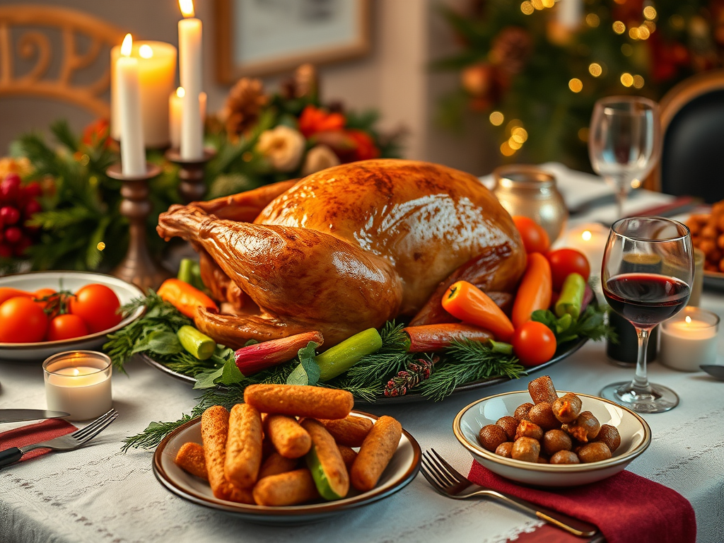 Een feestelijk gedekte tafel met een kalkoen en groenten.
