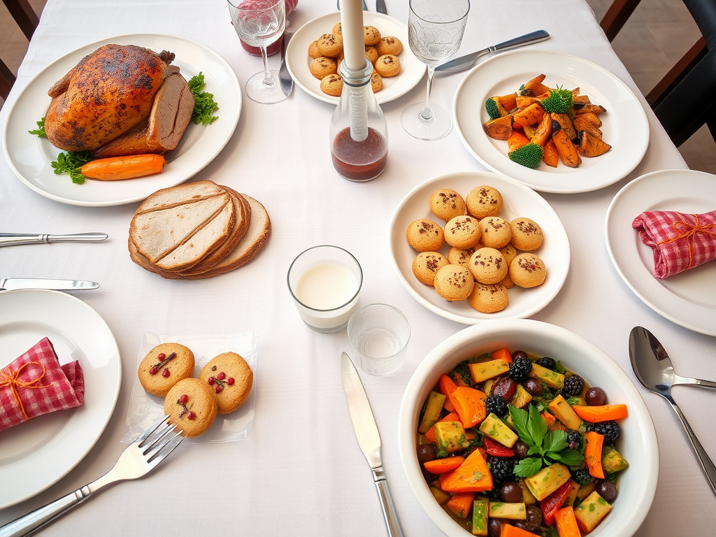 Een feestelijke tafel met gezonde traditionele gerechten.