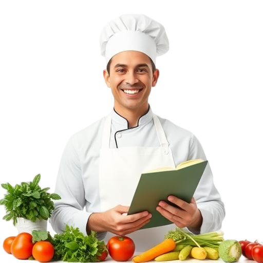 Een lachende chef met groenten en een kookboek.