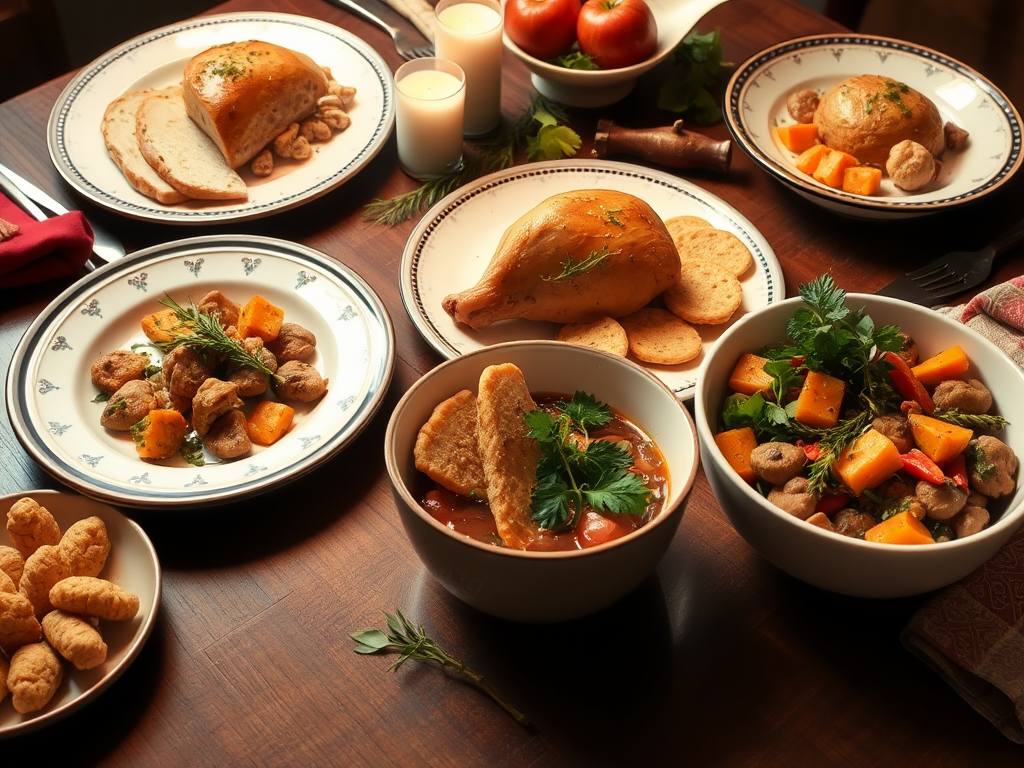Een feestelijke tafel met gezonde traditionele gerechten.