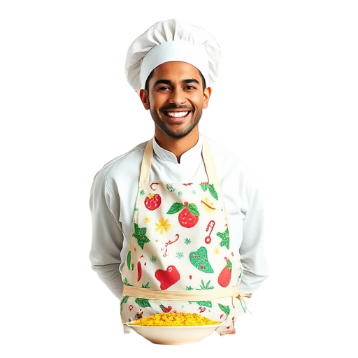 Een lachende persoon in een schort met fruitmotief.