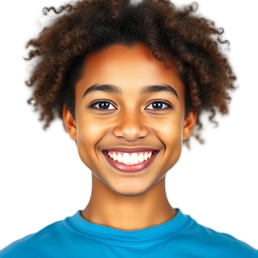 Een persoon met krullend haar glimlacht naar de camera.