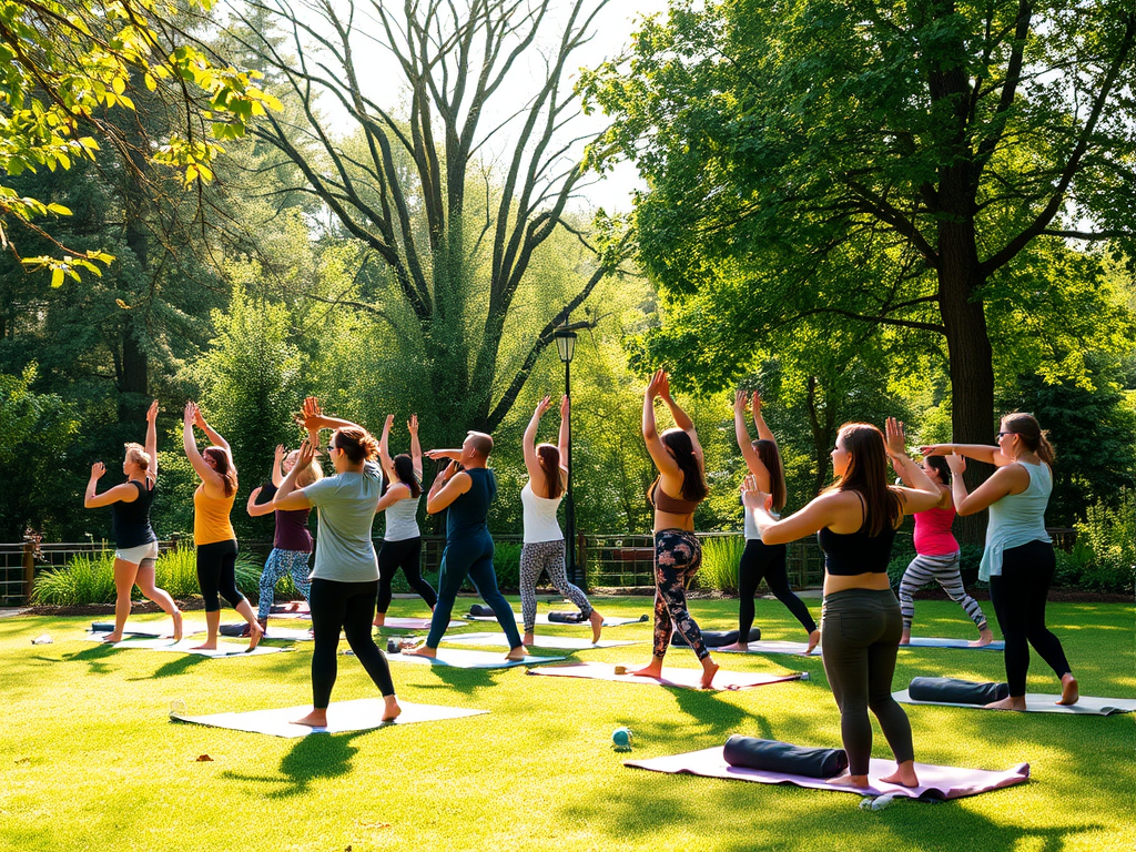 Groep mensen die yoga beoefent in een groene omgeving.