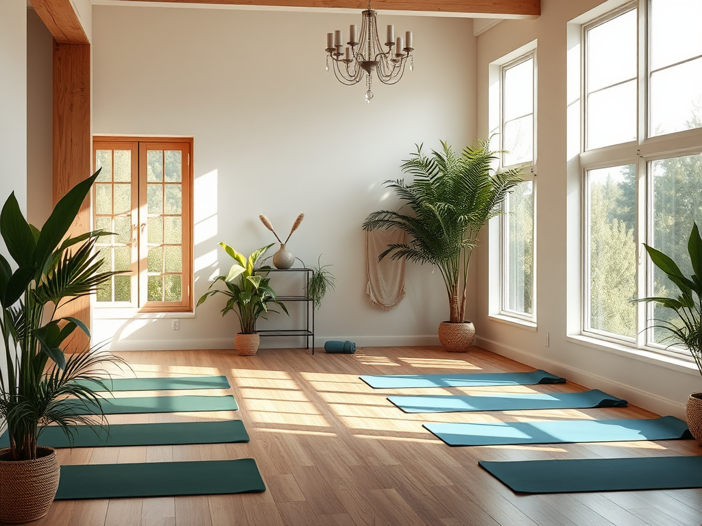 Een serene yogastudio met natuurlijk licht en planten.