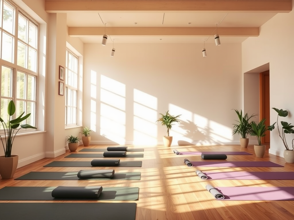 Een serene yogastudio met natuurlijk licht en planten.