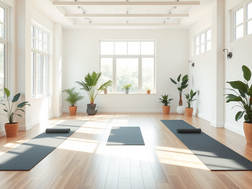 Een serene yogastudio met natuurlijke lichtinval en planten.
