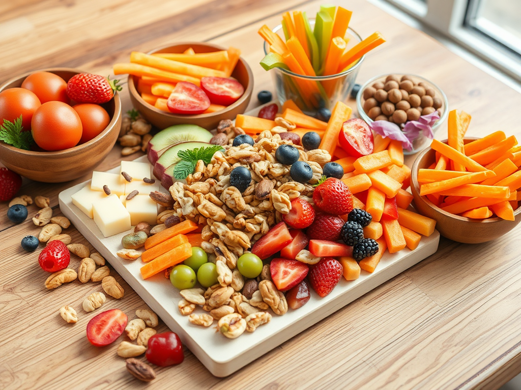 Een kleurrijke schikking van gezonde snacks op een houten tafel.