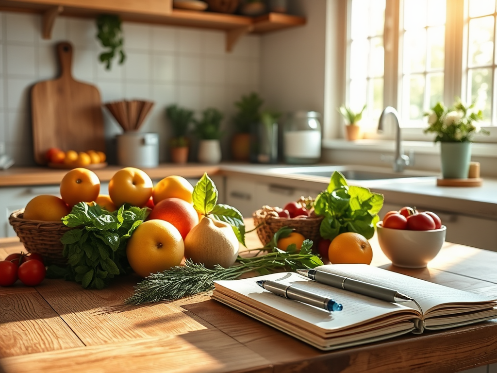 Een serene keuken met een houten tafel vol fruit en kruiden.