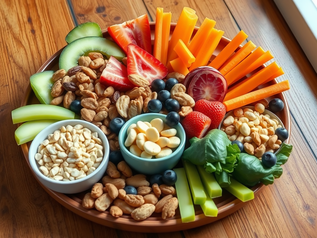 Een kleurrijke schaal met gezonde snacks en fruit.