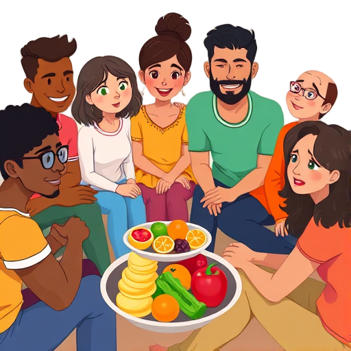 Een kleurrijke illustratie van een diverse groep mensen in een cirkel met gezonde voeding voor hen.