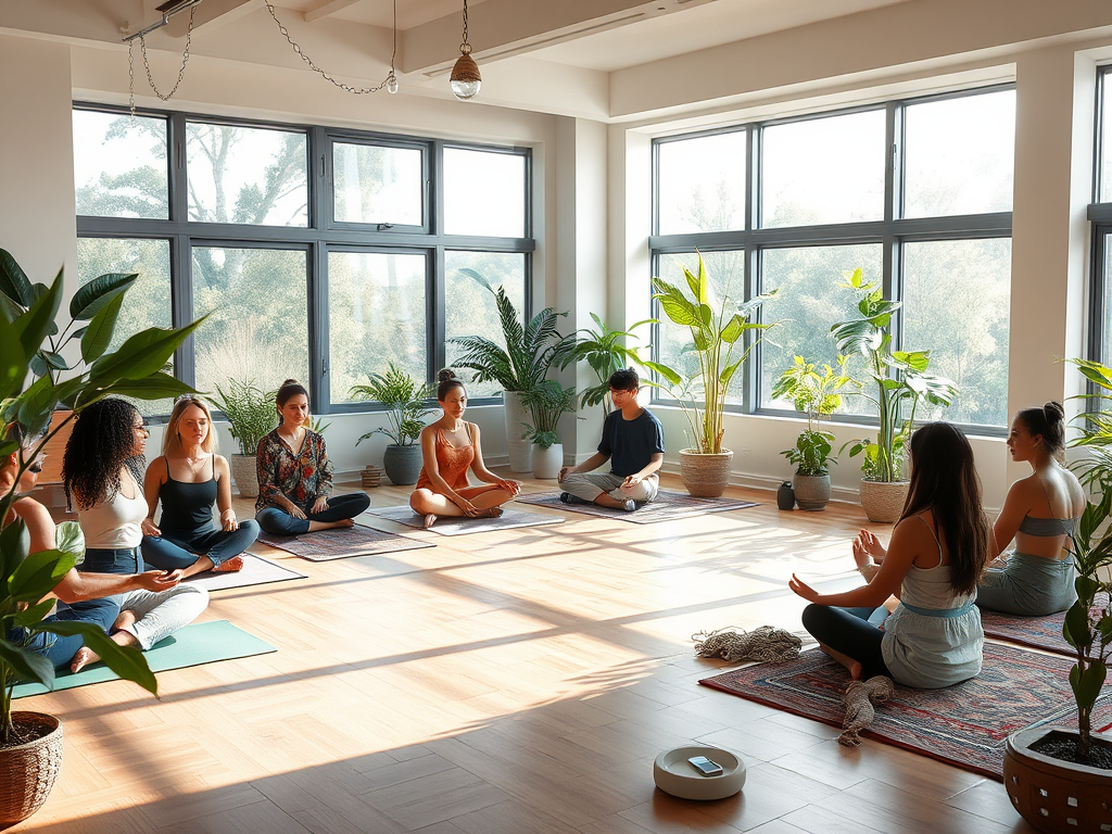 Een serene workshop met deelnemers die mediteren, omgeven door planten.