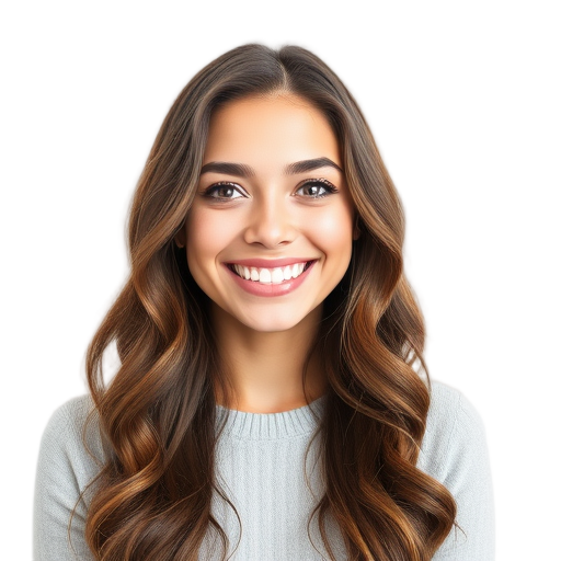 Een persoon met een grote glimlach tegen een witte achtergrond.