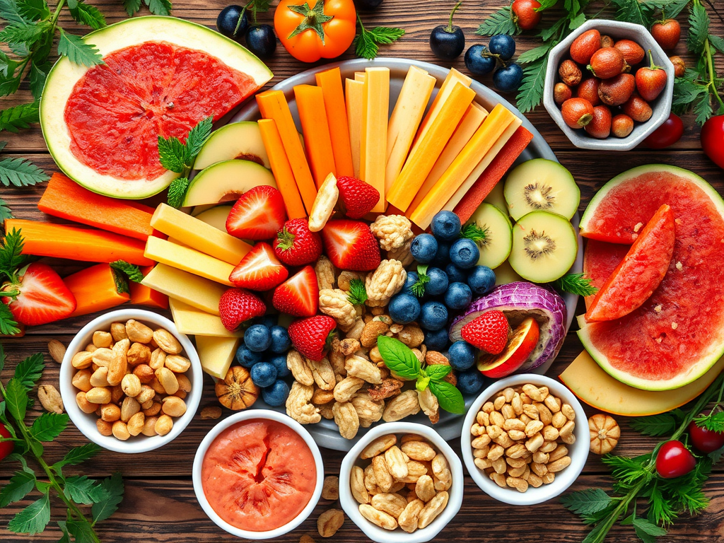 Een kleurrijke presentatie van gezonde snacks op een houten tafel.