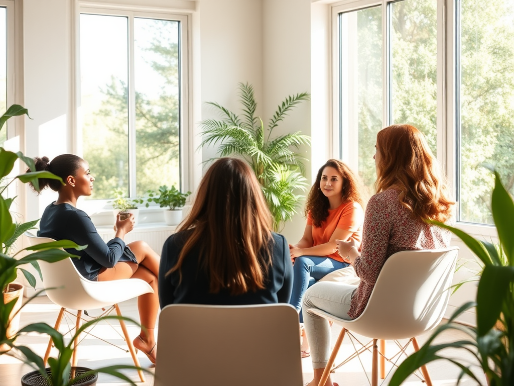 Een groep mensen in een lichte ruimte, in gesprek.