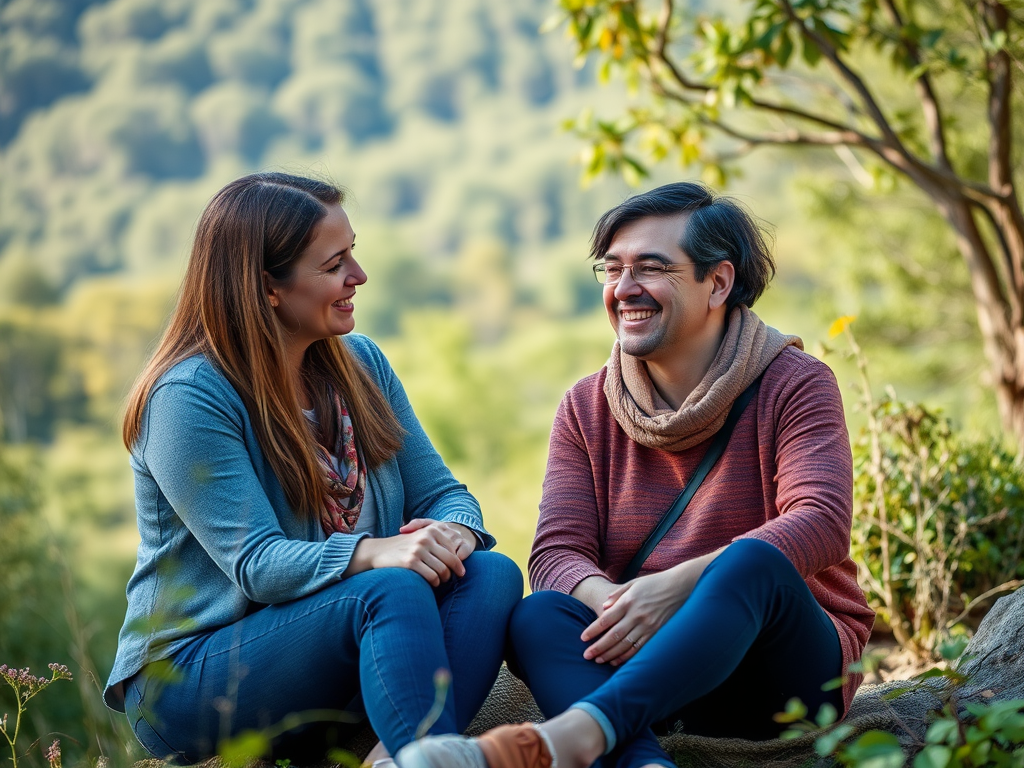 Een coachingssessie in de natuur met lachende deelnemers.