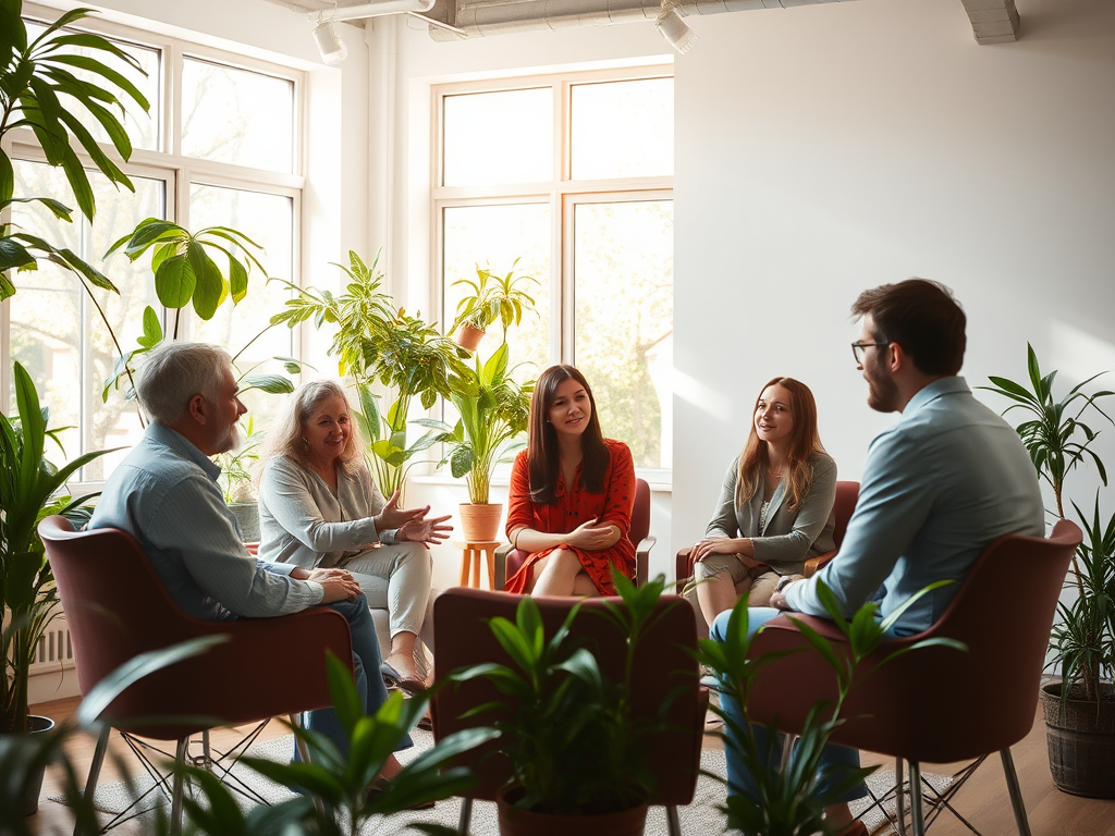 Een groep mensen in een lichte kamer, die doelen bespreekt.