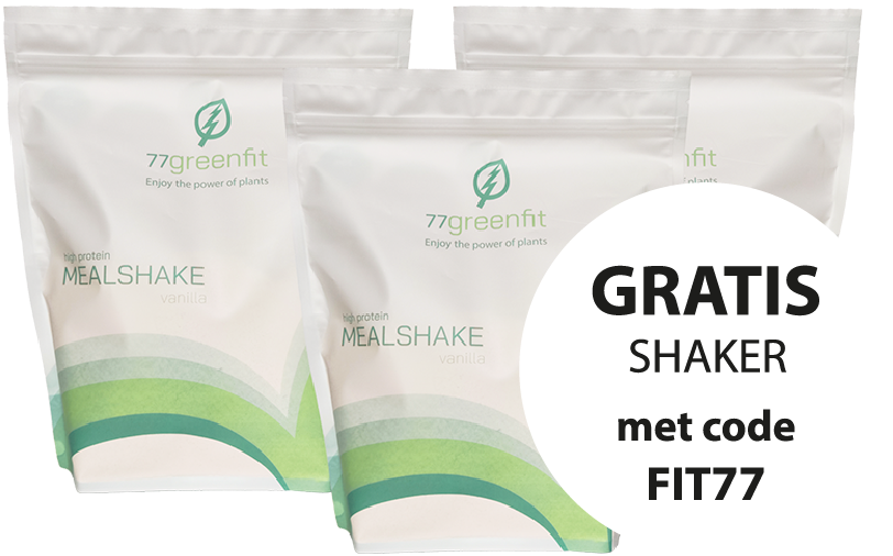 kortingscode gratis shakebeker maaltijdshake 77greenfit vegan eiwitrijke mealshake