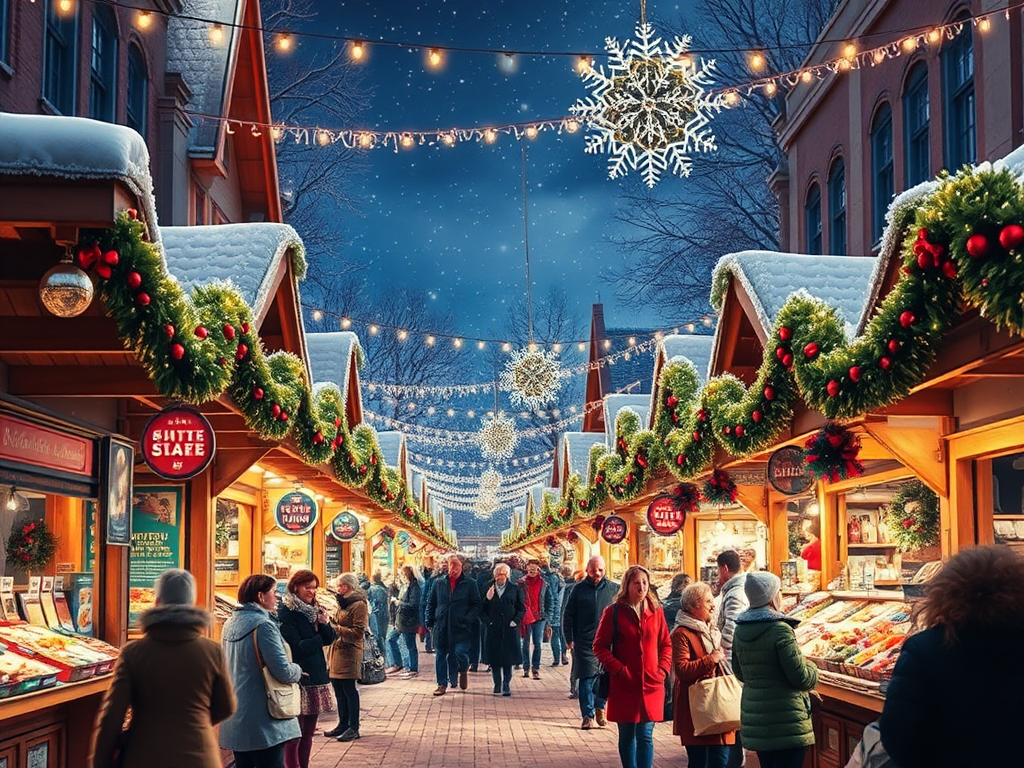 Een levendige wintermarkt met kleurrijke kraampjes en feestelijke verlichting.