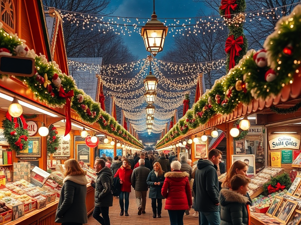 Een levendige wintermarkt met kleurrijke kraampjes en verlichting.