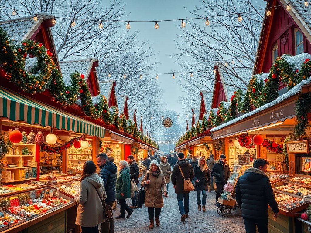 Een levendige wintermarkt met kleurrijke kraampjes en feestelijke verlichting.