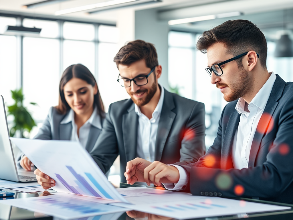 "three distinct days timeline" "business professionals analyzing charts" "digital marketing data visuals" "graphs and performance metrics glowing" "focused expressions, modern office background" "bright, clear lighting with a sense of control and growth"