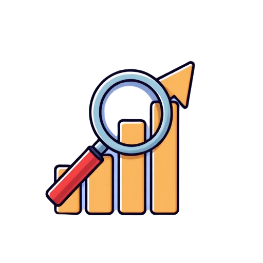 "bar chart" "magnifying glass" "upward arrow"
