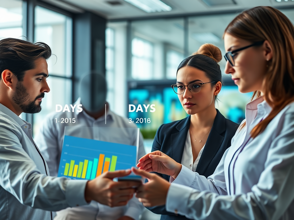 "three distinct days timeline" "business professionals analyzing charts" "digital marketing data visuals" "graphs and performance metrics glowing" "focused expressions, modern office background" "bright, clear lighting with a sense of control and growth"