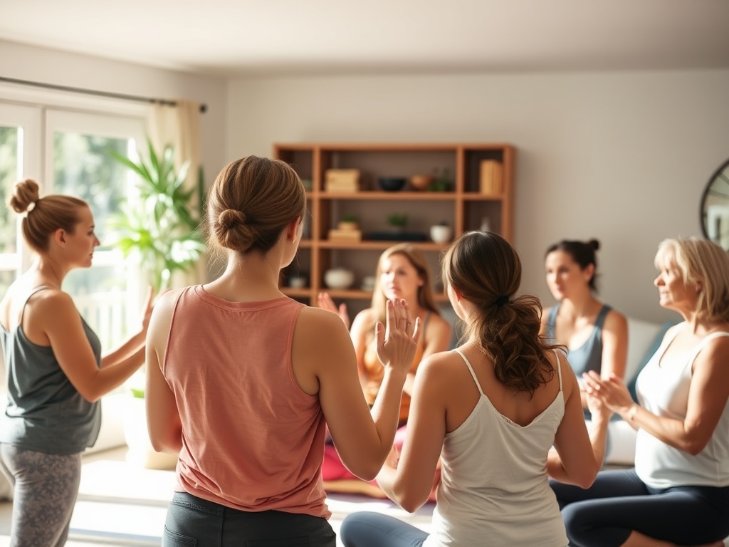 "A compassionate female coach guiding a diverse group of women in a warm, sunlit living room, focusing on mindful movement, breath, and stability."