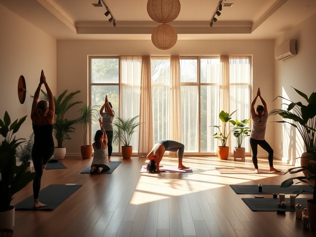 Een rustige yogastudio met mensen in verschillende poses.