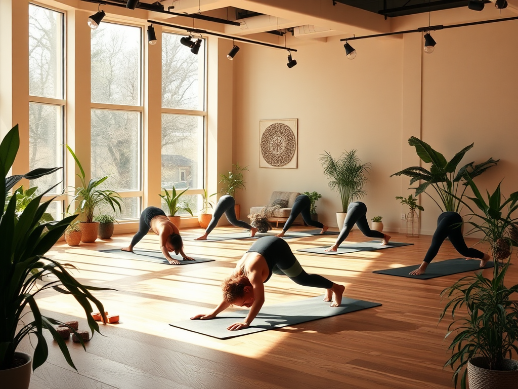 Een rustige yogastudio met mensen die yoga poses doen.
