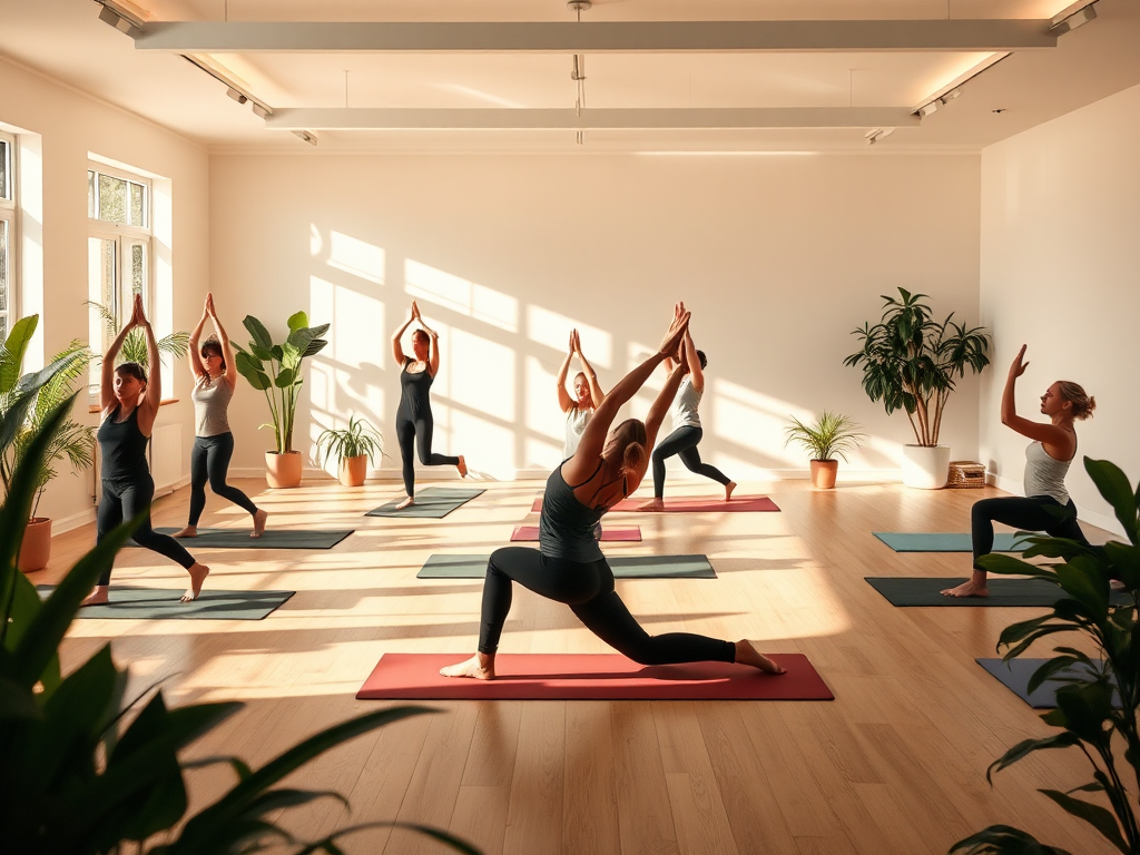 Rustige yogastudio met mensen in verschillende houdingen.